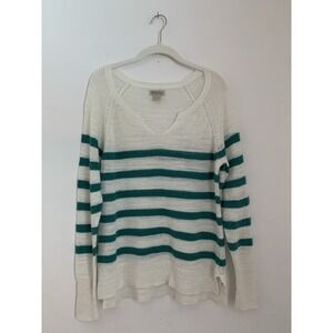 Lucky Brand Sweater Women Sz L White Green Stripe Resort Beach Summer Lightweigh